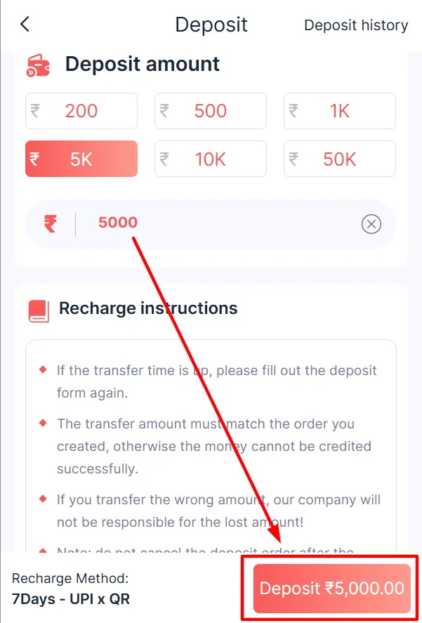Deposit button highlighted to confirm payment